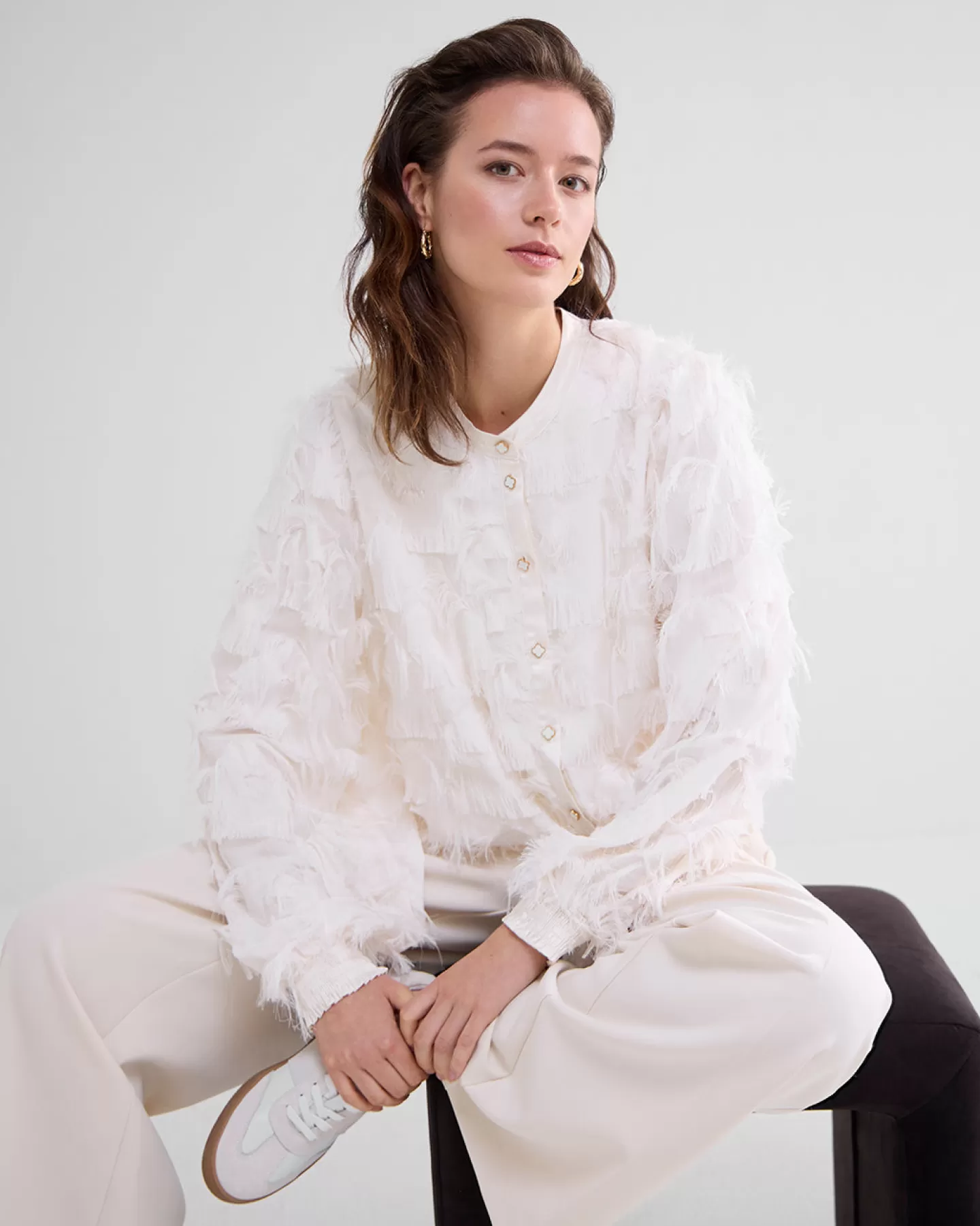 Blouses>Summum Fluffy Blouse Met Franjes Crème