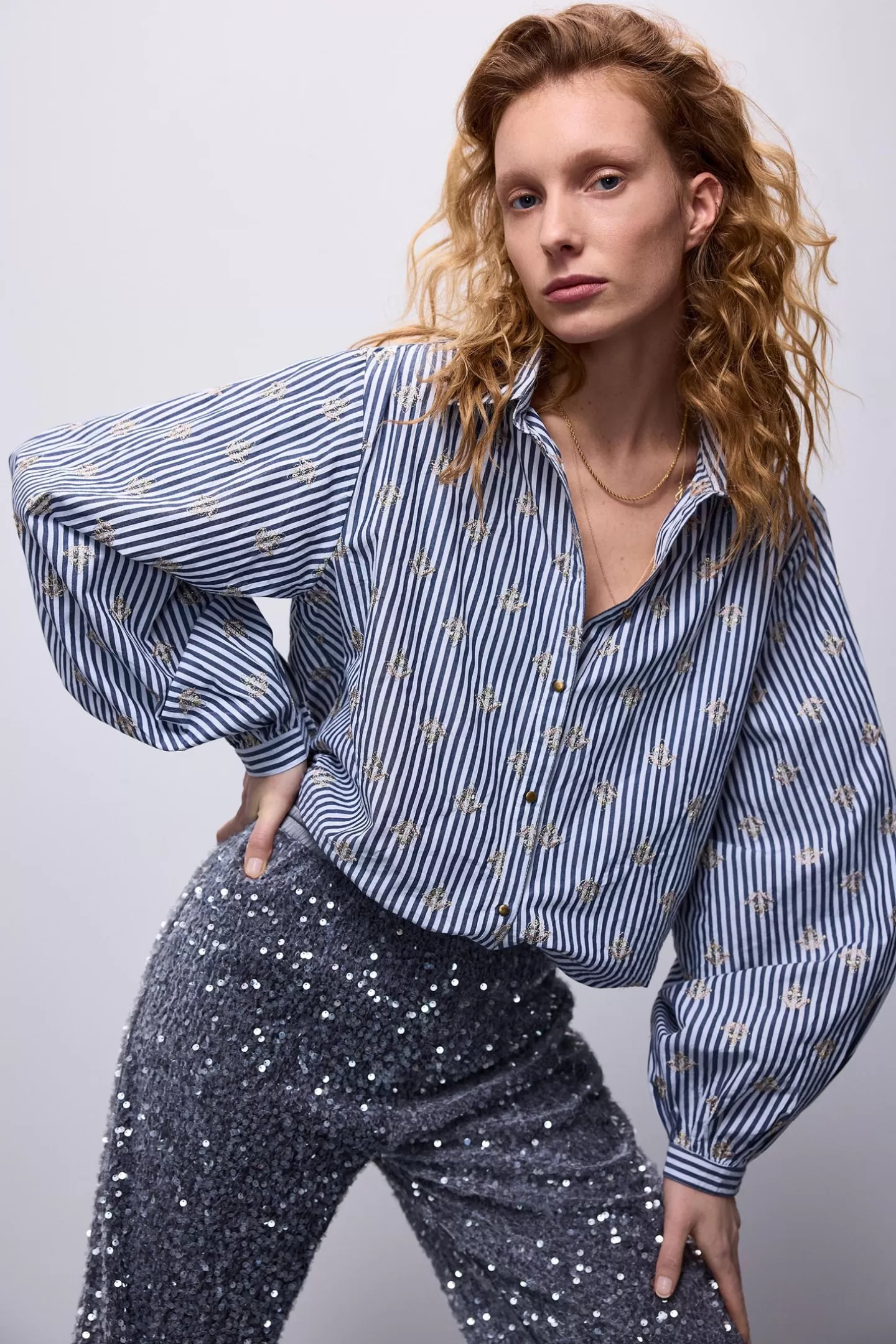 Blouses>Summum Metallic Bloemen Blouse Grijs